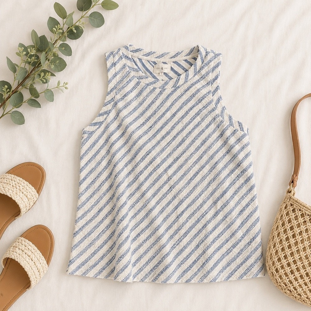 Lou & Grey Blue White Diagonal Stripe Textured Tweed Sleeveless Shell Top Size M